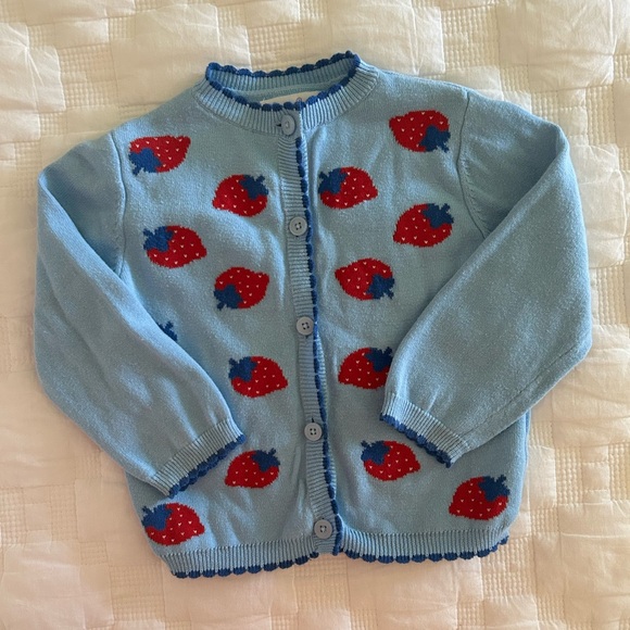 Rachel Riley Girls Blue Cardigan with Red Strawberries - Picture 1 of 3